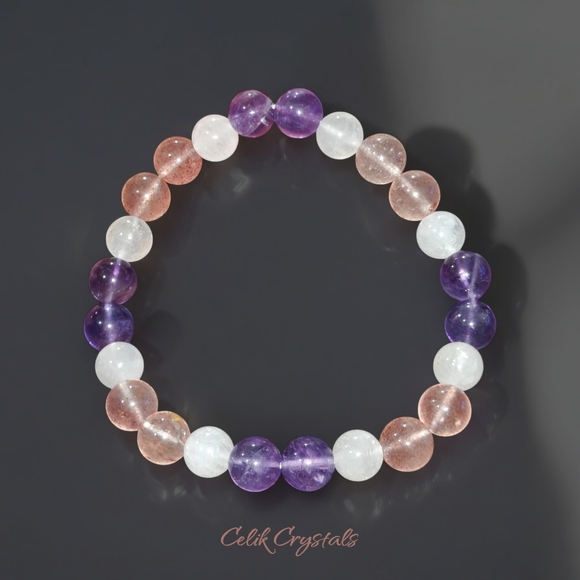 Amethyst, Strawberry Quartz, White Quartz Bracelet Natural Stones 8mm Stretches - Picture 4 of 7